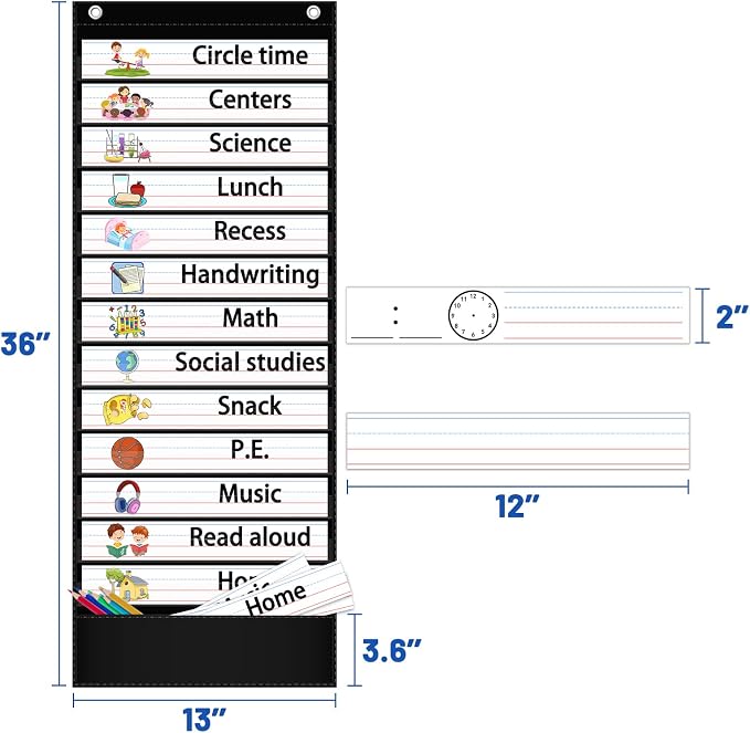 AKAYOK Daily Schedule Pocket Chart — 13+1 Pocket Visual Schedule for Kids, Includes 18 Double-Sided Blank Reusable Dry-Erase Cards, Daily Planner with Hourly Schedule for Classroom, Office, Home, School Activities (Black) - Image 6