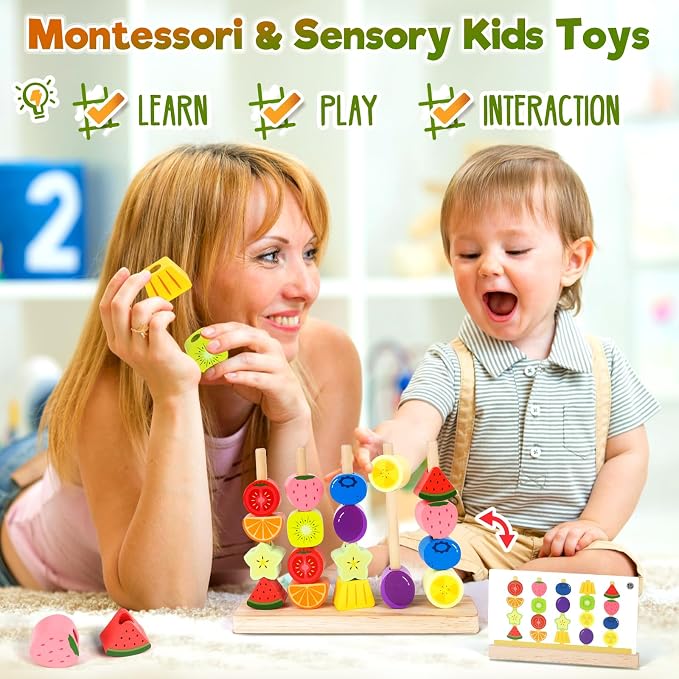 Montessori Wooden Beads Stacking Toys: 2 3 4 Year Old Boys Girls Birthday Gifts - Toddler Sequence Game & Sorting Blocks & Lacing & Matching Shape - Preschool Learning Activities for 2-5 Years Kids - Image 3