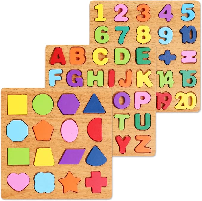 Alphabet Wooden Puzzles for Toddlers 3-5, Pack of 3 ABC, Number and Shape Puzzle, Preschool Educational Learning Toys with Puzzle Board & Letter Blocks for Girls Boys Ages 3 4 5 Years Old by NASHRIO