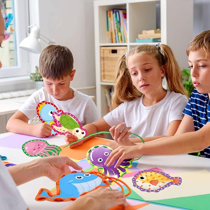 Sea Animals Lacing Cards Sewing Cards For Kids 12 Pack Shark Whale Ocean Theme Party Decor Double Sided Cardboard Lacing Playing Games for Preschool Home Developing Imagination Education Supplies - Image 5