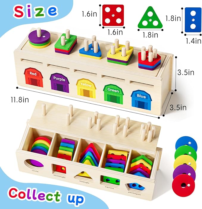 Montessori 4 in 1 Wooden Sorting Shape Sorter and Stacking Toy Box Color Matching Counting Fishing Game Preschool Educational Toys for 3 Years Boys and Girls Gifts - Image 6