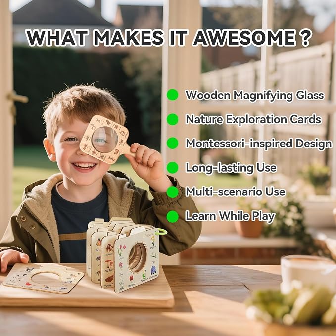 Magnifying Glass for Kids Wooden Montessori Educational Explore Toy Magnifying Glasses and Wood Bug Cards for Outdoor Adventure Birthday Gift for Boys Girls Ages 3+ - Image 6