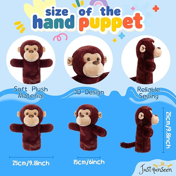 Hand Puppet for Kids Plush Animal Educational Storytelling Toy Soft Fabric Adult Size Jungle Forest Friends Interactive Role Play Family Fun Gift Birthday Party Favor Monkey