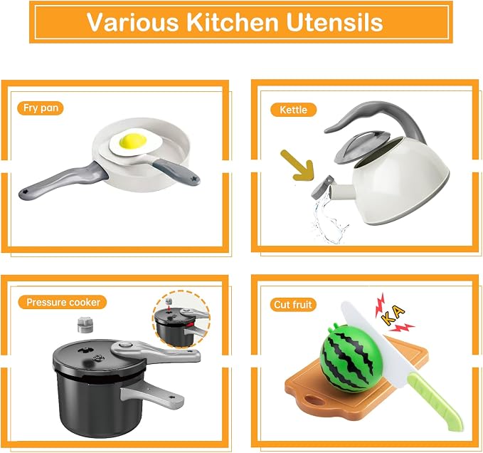 130Pcs Kitchen Playset, Toddler Pretend Cooking Play Pots, Pans, Utensils Cookware, Daily Food Fruit Veges, Shopping Storage Basket, Dessert, Prop Money, Learning Gift for Child (White) - Image 4