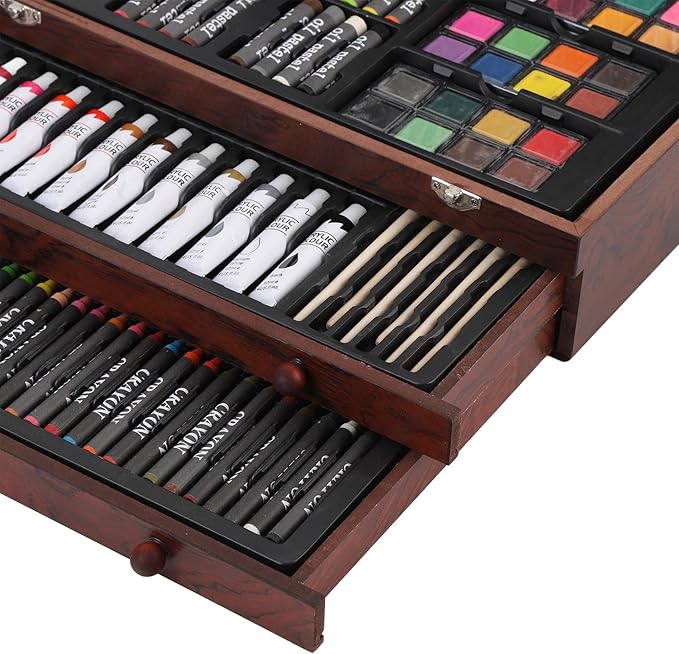 ZAICOLER 158 PCS Deluxe Art Set, Wooden Box Painting Drawing Kit with 2 Sketchbooks 24 Paints Oil Pastels Colored Pencils Crayons Brushes for Kids Teens Adults Artists Beginners