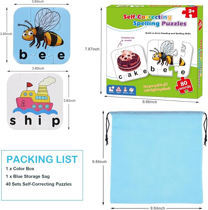 80 Words Self-Correcting Spelling Puzzles, Double-Sided Three and Four Letter Words with Matching Images, Perfect for Kids Age 3+ Year Old - Image 5