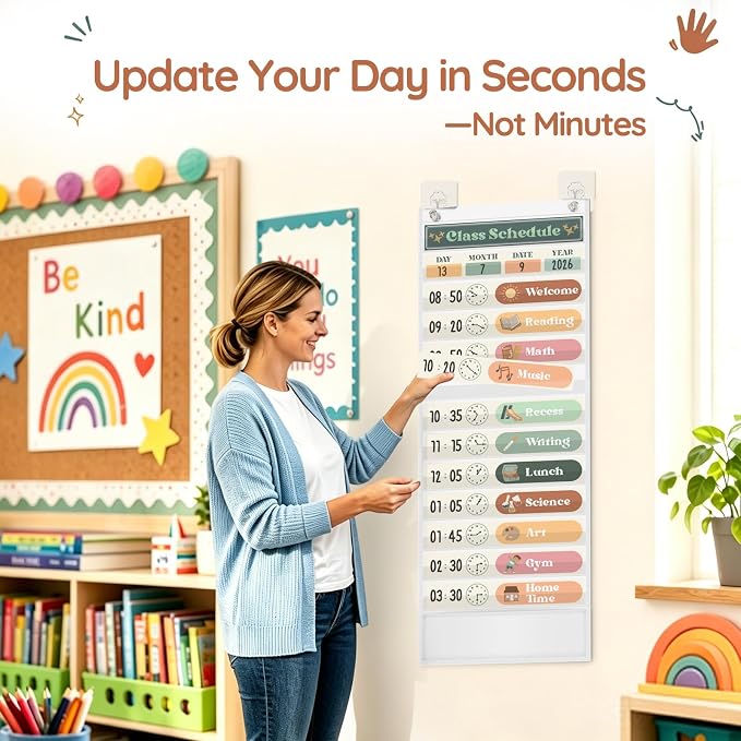 AKAYOK Daily Schedule Pocket Chart, 13+1 Pocket Visual Schedule for Kids, Includes 24 Reusable Dry-Erase Cards, Daily Planner with Hourly Schedule for Classroom, Office, Home, School Activities - Image 6