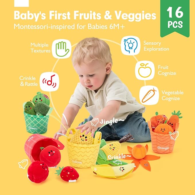 hahaland Baby Sensory Toys - 16 PCS My First Fruit Vegetable Color Sorting Play Food with Crinkle, Rattle, Baby Toys 6-12 Months Montessori Toys for 1 Year Old Boy Girl Gifts Toddler Stocking Stuffers