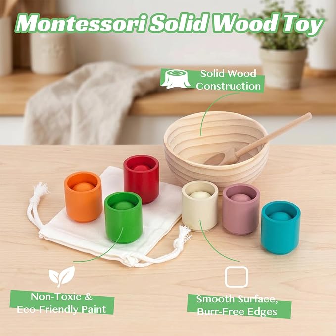 WOODENFUN Rainbow Balls in Cups Toddler Montessori Toys for 3 Year Old Up - Image 3