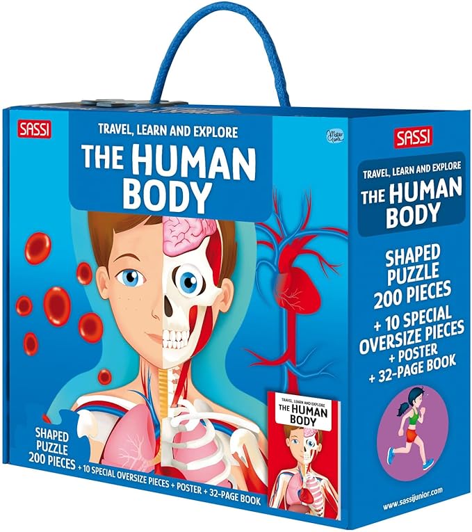 Sassi: Travel, Learn & Explore - The Human Body - 200pc Shaped Puzzle & 32-Page Book, Educational Set, Facts About Bodily Systems, (N.E. 2024) Kids 6+ by Sassi