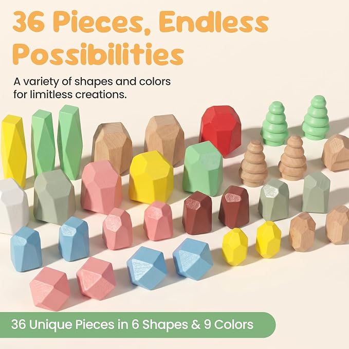 WOODENFUN Wooden Stacking Rocks Stones Building Blocks Sensory Toddler Toys - Image 2