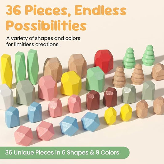 WOODENFUN Wooden Stacking Rocks Stones Building Blocks Sensory Toddler Toys - Image 2