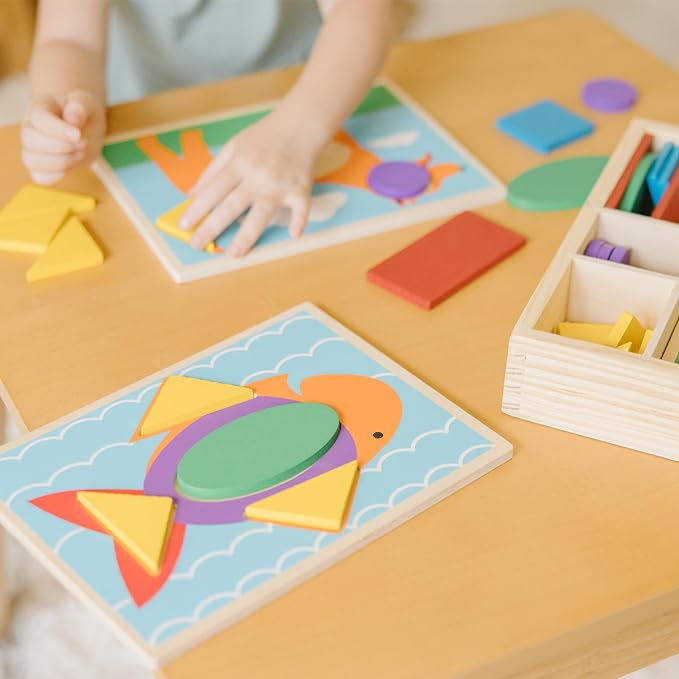 Melissa & Doug Beginner Wooden Pattern Blocks Educational Toy with 5 Double-Sided Scenes and 30 Shapes Puzzles for Kids 3+ - Image 8