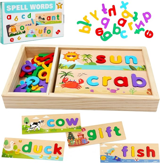 Wooden See and Spell Word Game Learning Toys for Kids 3-6 Puzzle Board by TOYCASTLE