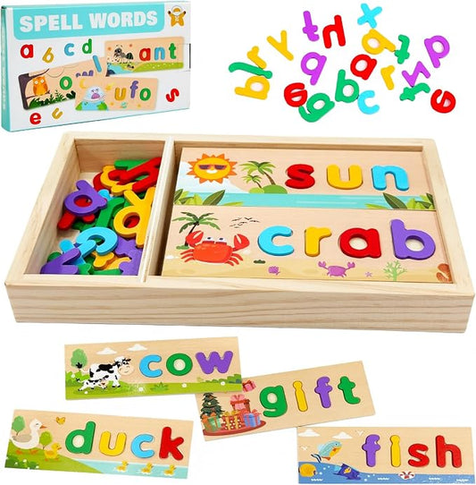 Wooden See and Spell Word Game Learning Toys for Kids 3-6 Puzzle Board by TOYCASTLE