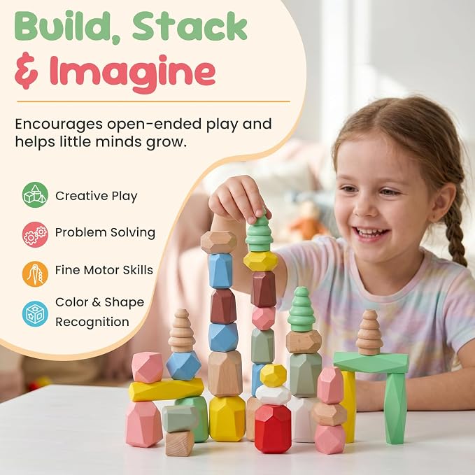 WOODENFUN Wooden Stacking Rocks Stones Building Blocks Sensory Toddler Toys - Image 4