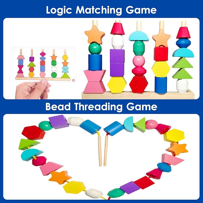 Montessori Wooden Beads Sequencing Toy Set, Sorting Stacking Blocks & Lacing Beads & Shape Matching Stacker for 2 3 4 5 Years Kids Preschool Learning Fine Motor Skills Toys Gifts for Toddler Boy Girl - Image 4