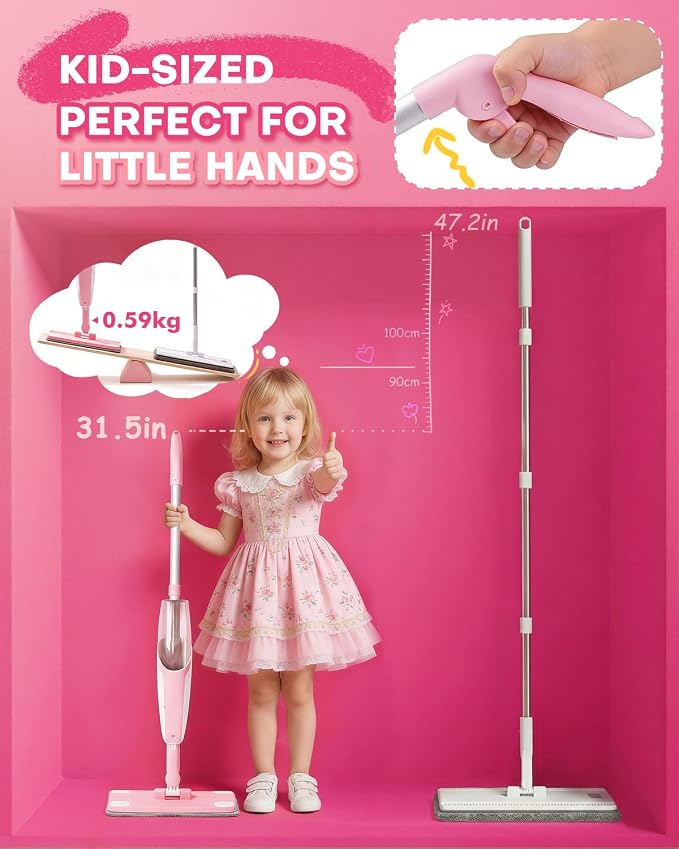 Pink Mini Spray Mop for Toddler-Girls Montessori Cleaning Toy that Real Spray Water,Pretend Playhouse Essentials for Girls Ages 3-8,Toddler Educational Housekeeping Set - Image 3