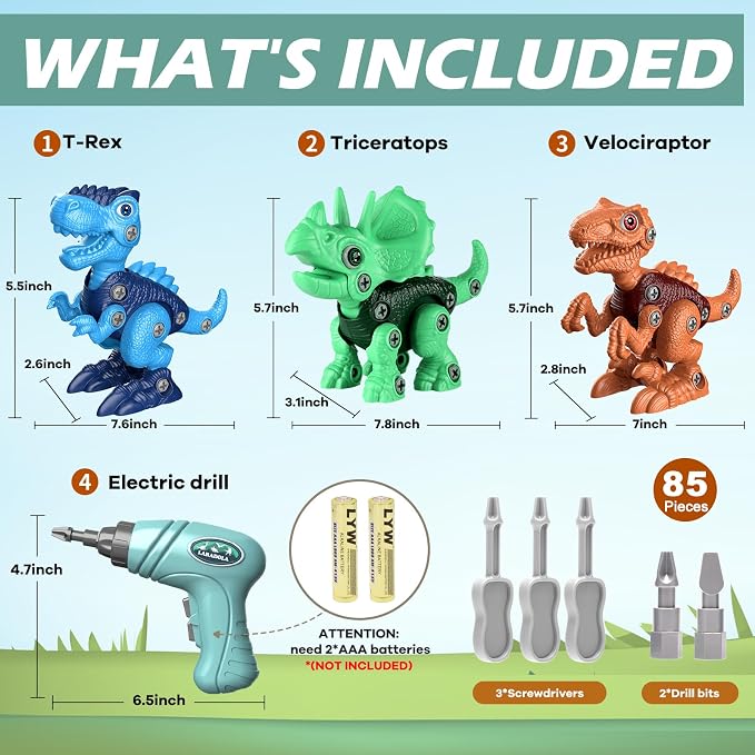 Take-Apart Dinosaur Toys for Boy 4-6: 85 Piece 3 Pack Dino & Electric Drill - Image 8