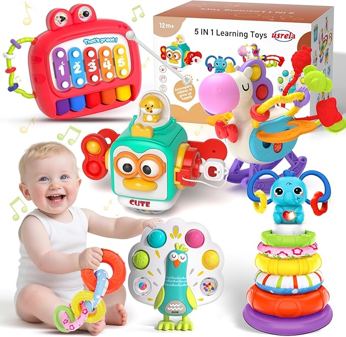 5 in 1 Baby Toy for 9 12 18 Month, Learning Toys for Babies 6-12 Months, Baby Busy Cube, Stacking&Sensory, Pull String&Piano Xylophone Toy, Birthday Gift for 7 8 9 Month