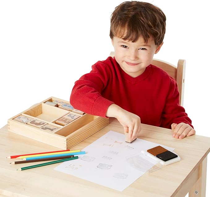 Melissa & Doug Wooden Stamp Activity Set: Horse Stable - 10 Stamps, 5 Colored Pencils, 2-Color Stamp Pad - Image 3