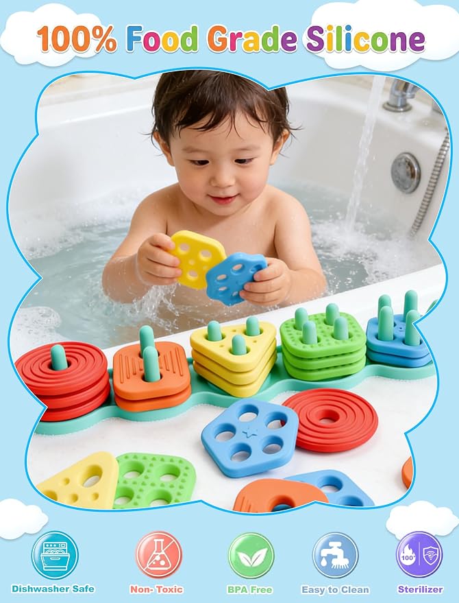 Silicone Shape Sorting & Stacking Toys - Montessori Toys for Toddlers 1-3 - Image 3