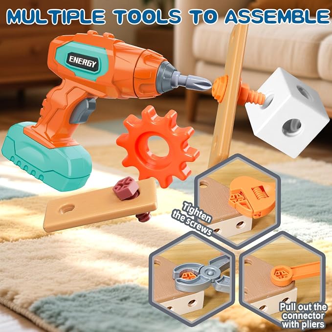 VEAIS Kids Tool Set with Drill, 148 PCS STEM Building Tools with Storage Box Plastic Todder Tool Set for Boys and Girls Age 3 4 5 6 7 8 Years - Image 5