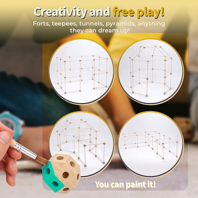 MIND KIDZ Wooden Fort Building Kit for Kids - STEM Monstessori Construction Toy - 52 rods & 30 Spheres, Eco-Friendly Play Set for Boys & Girls