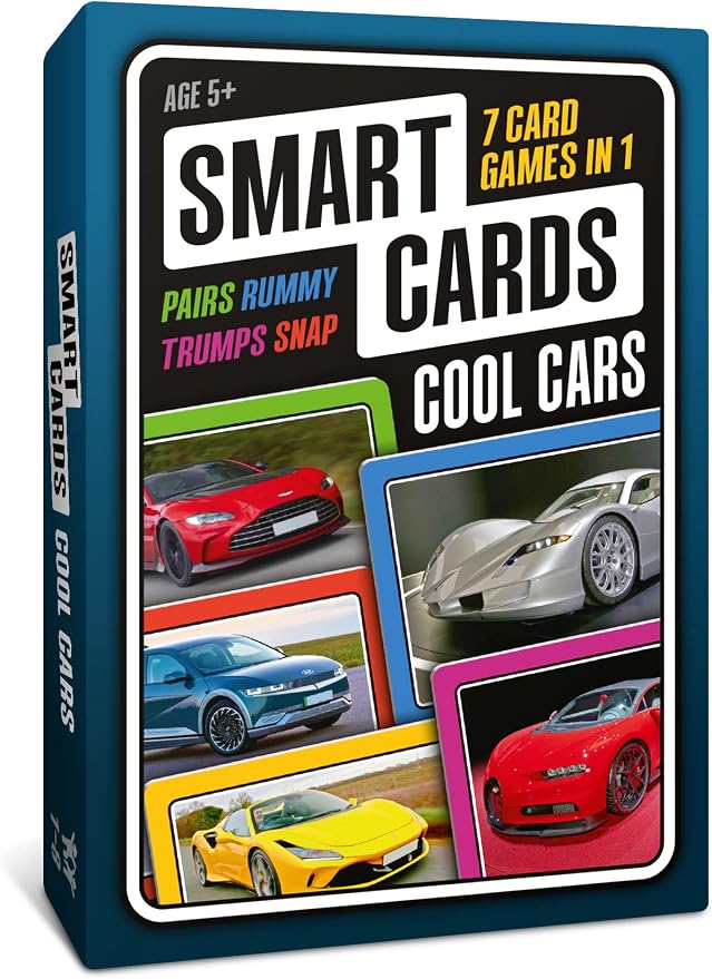 SMART CARDS Cars, Gift, Stocking Stuffer, Travel Game, 7 Games in 1, Pairs, Snap, Trumps, Rummy, Memory Quiz, Learn Facts, Age 5+, 1-8 Players by PoptacularGames