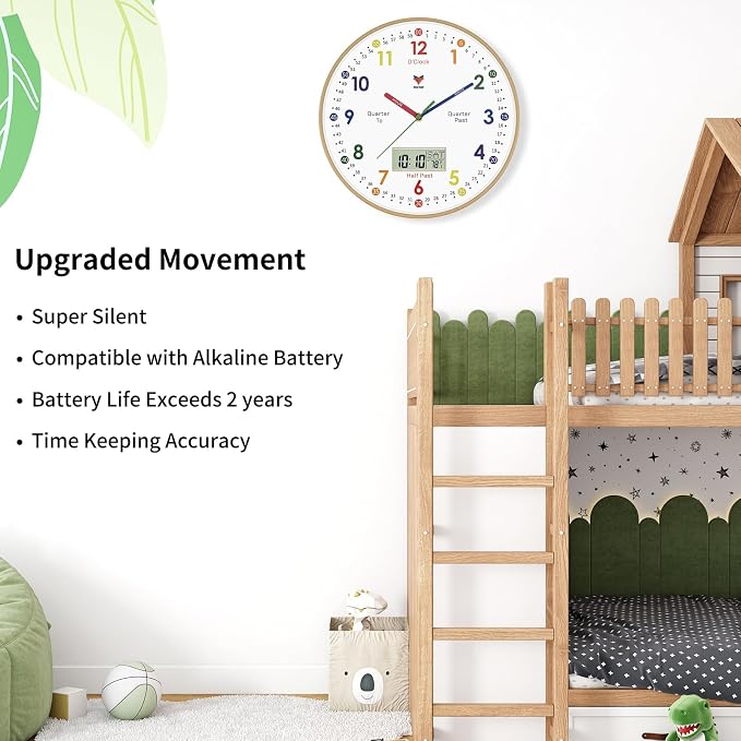 Foxtop Digital and Analog Learning Clock for Kids - Telling Time Teaching Clock 12 Inch Silent Non-Ticking Battery Operated Kids Wall Clock for Playroom Nursery Classroom School - Image 2