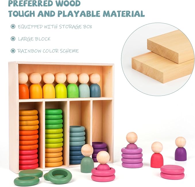 Montessori Toys Wooden Color Sorting Stacking Rings Toy Rainbow Wooden Peg Dolls Counting Toys Circular Building Blocks Stacking Game Preschool Learning Education Fine Motor Skill Toys for Toddlers - Image 5