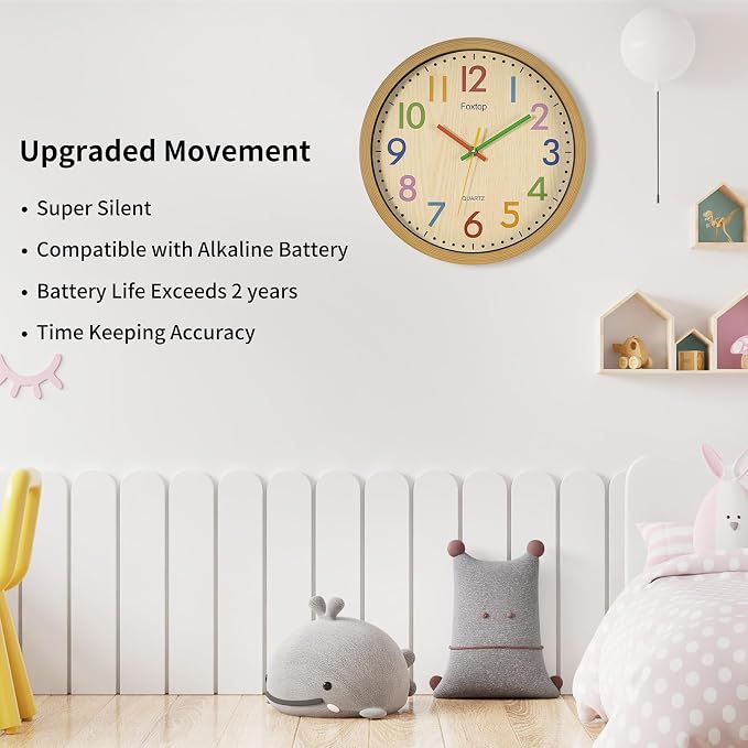 Foxtop Silent Kids Wall Clock 12 Inch Non-Ticking Battery Operated Colorful Childrens Clock for Classroom Playroom Nursery Bedrooms Kids Room School - Image 3