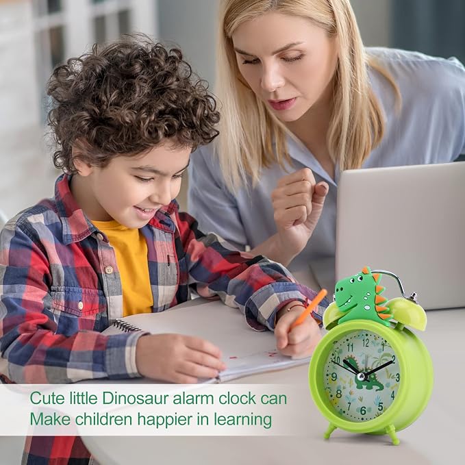 TCJJ Dinosaur Alarm Clock for Kids, Cool Bedroom Decoration, Non Ticking Silent Second Hand, w/Backlight Super Loud Twin Bell, for Kids Dinosaur Gifts (Green) - Image 5