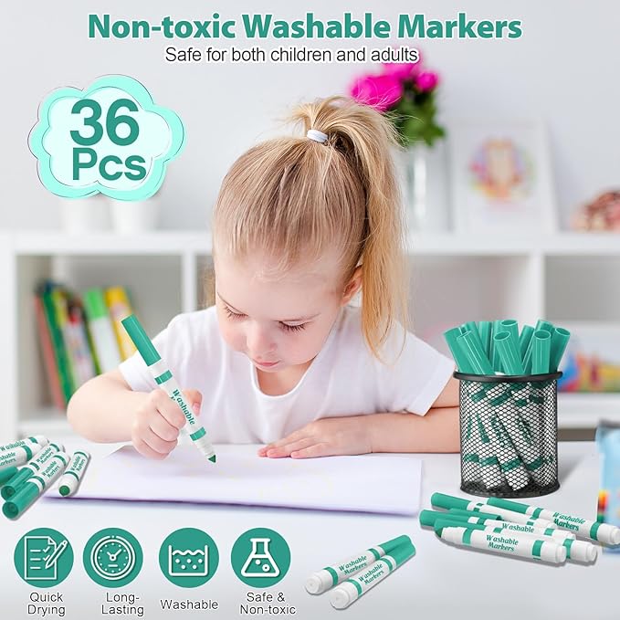Janlaugh 36 Pcs Cyan Washable Markers Bulk Coloring Broad Line Markers for Kids Cyan Conical Tip Drawing Pen for Christmas,School Supplies, Travel Art Baby Shower Gender Reveal Party Supplies, Ages 6+