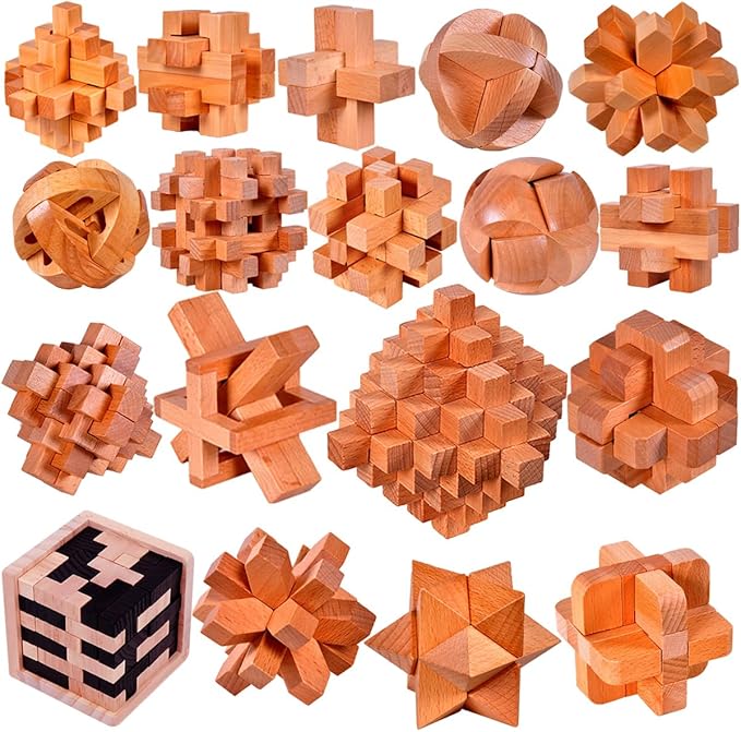 18 Pack Large Wooden Brain Teaser Puzzles Wooden Burr Puzzles Brain Teaser Puzzle with Gift Packing Box Magic Puzzle Games Toys Stocking Stuffers Party Favors for Kids and Adults (Natural Wood)