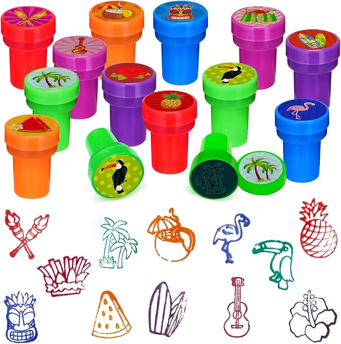 Cinrobiye 24 Pcs Hawaiian Luau Stampers for Kids, Tropical Party Favor Set, Hawaii Theme Stampers with Palm Tree Hibiscus Surf Designs, Luau Birthday Party Supplies, Classroom Rewards, Goody Bags by Cinrobiye