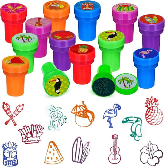 Cinrobiye 24 Pcs Hawaiian Luau Stampers for Kids, Tropical Party Favor Set, Hawaii Theme Stampers with Palm Tree Hibiscus Surf Designs, Luau Birthday Party Supplies, Classroom Rewards, Goody Bags by Cinrobiye