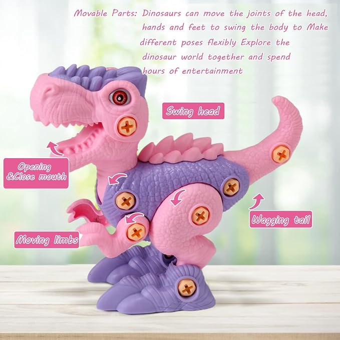 FREE TO FLY Girls Toys Take Apart Dinosaur: Pink Dinosaur Play Set for Kids 3-5 5-7, Stem Learning Educational Montessori for 3 4 5 6 7 8 Year Old Girls Toddlers Autism Sensory Xmas Birthday Gifts - Image 3