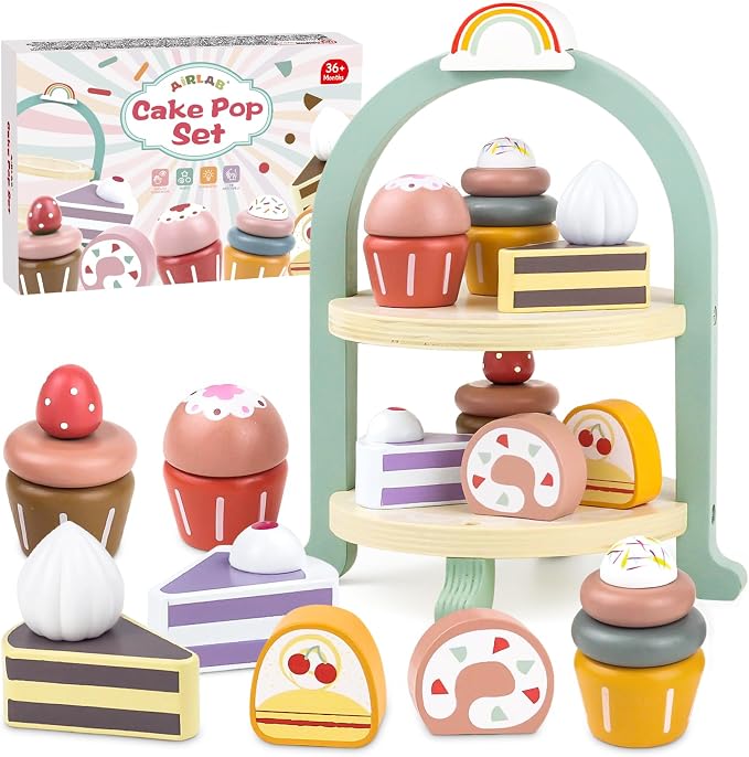 Wooden Cake Toys Tea Party Set Desserts Food Toy with Cupcake Stand by AirlabStudio