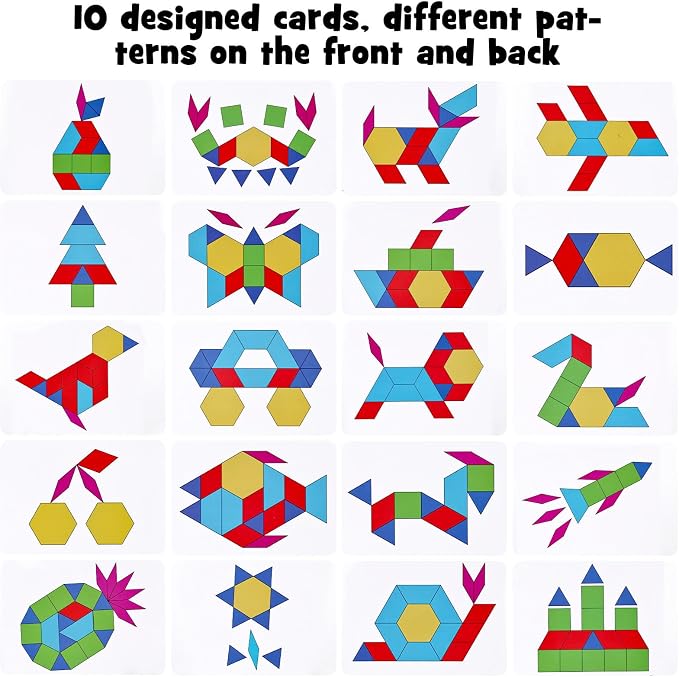 3 otters Wooden Pattern Blocks Shapes for Kids, Geometric Tangram Puzzle with Activity Cards, 150 PCS Educational Toy (Pack of 2) - Image 5