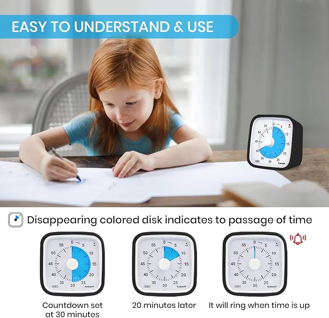 Yunbaoit Visual Timer for Kids, Silent 60-min Countdown Timer, Black Blue - Image 2