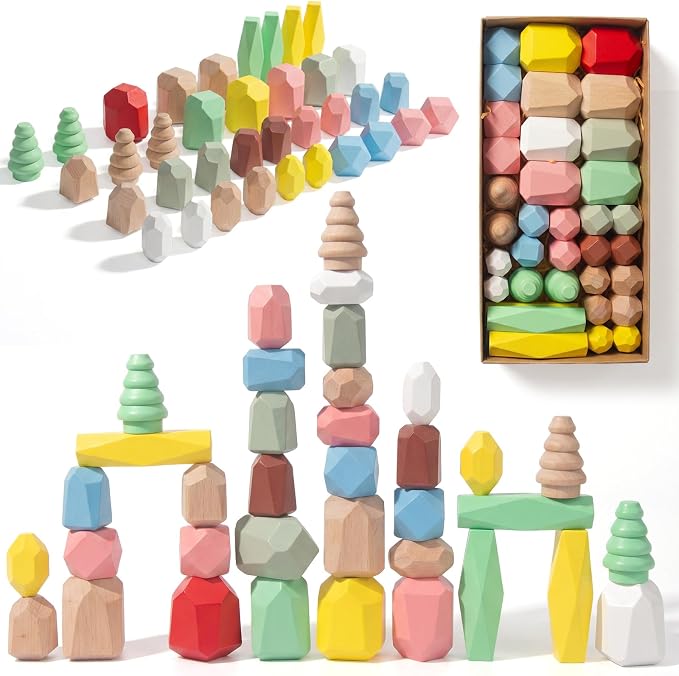WOODENFUN Wooden Stacking Rocks Stones Building Blocks Sensory Toddler Toys by WOODENFUN