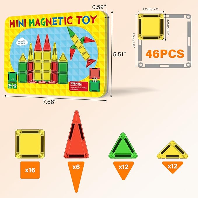 46PCS Mini Magnetic Tiles, Magnetic Tiles Travel Set with Case, STEM Educational Building Set Construction Toys for Kids Ages 3+, Portable Building Toys for Toddlers, Boys & Girls Birthday Gift - Image 6