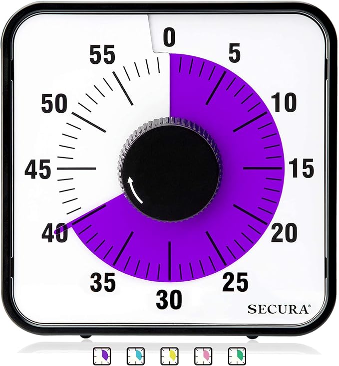 Secura 60-Minute Visual Countdown Timer, 7.5-Inch Oversize Classroom Visual Timer for Kids and Adults, Durable Mechanical Kitchen Timer Clock with Magnetic Backing (Purple) by Secura