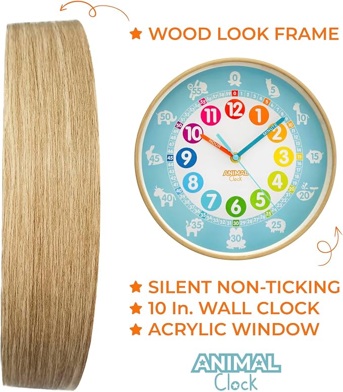Animal Preschool Clock - Time Teacher 10 Inch Educational Silent Wall Clock with Wood Look Frame - Easy to Read Dial for Teacher's Classrooms, Preschooler's Bedroom & Children Playroom - Image 2