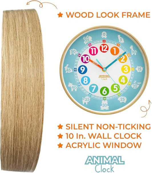 Animal Preschool Clock - Time Teacher 10 Inch Educational Silent Wall Clock with Wood Look Frame - Easy to Read Dial for Teacher's Classrooms, Preschooler's Bedroom & Children Playroom - Image 2