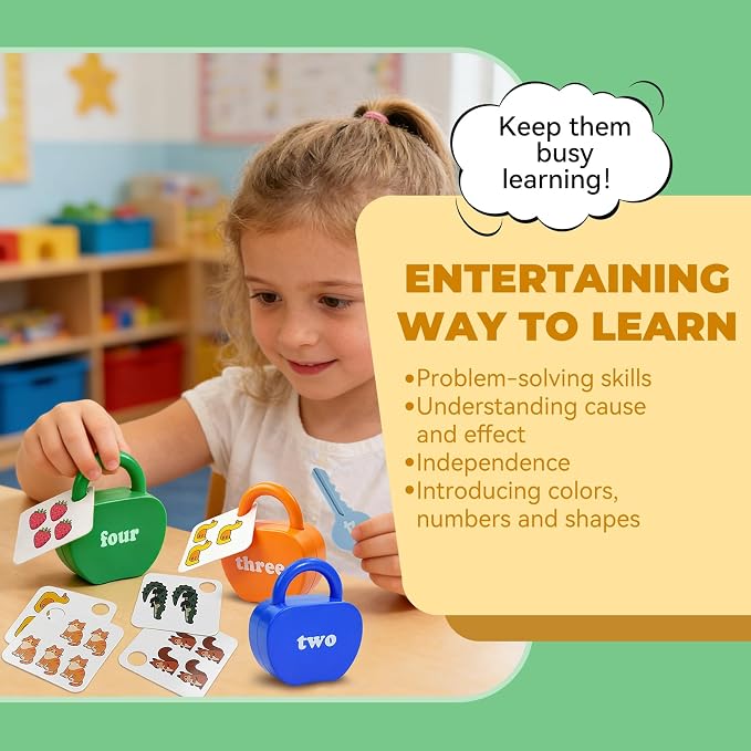 GEERAY Cause and Effect Toys for Toddlers 3 4 5, Montessori Lock & Key Set with 5 Apple-Shaped Locks, Keys & 10 Cards – Numbers Matching & Counting, Preschool Learning Games Gifts - Image 5