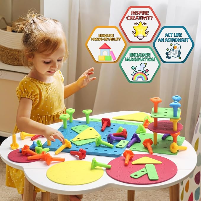 Peg Board Toy set 73Pcs DIY Building Stacking Toys for Kids 3-6 Years Old,STEM Educational Kids Toy for Brain Development,Montessori Sensory Toys,Upgrade Various Foam Board Plastic Lacing String Game - Image 5