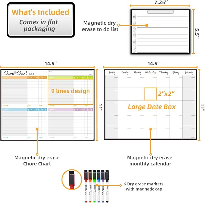 Magnetic Dry Erase Chore Chart and Calendar Bundle for Fridge - Chore Chart for Multiple Kids,Monthly Calendar,One Bonus to-do Whiteboard and 6 Extra Fine Tips Markers Included! - Image 2
