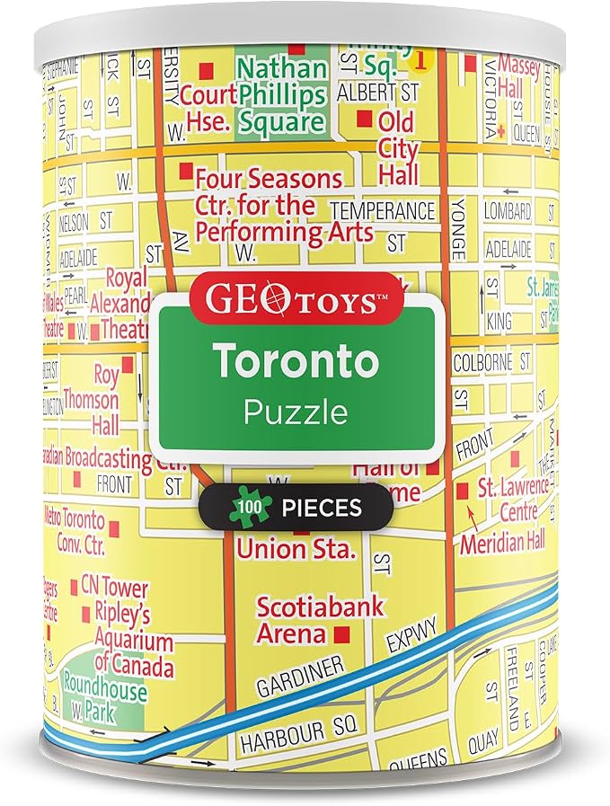 Geotoys Toronto Mini Puzzle - 100 Piece Puzzles for Kids and Adults in Portable Can, 13" x 10" Educational Travel Puzzle for Ages 7 and Up - Mini Puzzles to Learn & Explore Geography by Geotoys